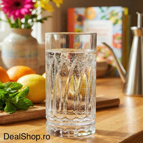 Set 6 Pahare Sticlă 390 ml LAV Wave430 Long Drink, Design cu Relief Ondulat, Pahare Elegante pentru Apă, Suc și Cocktail
