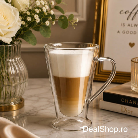 Set 2 cani din sticlă cu pereți dubli 400 ml, termorezistentă pentru cafea latte cappuccino și ceai 310400