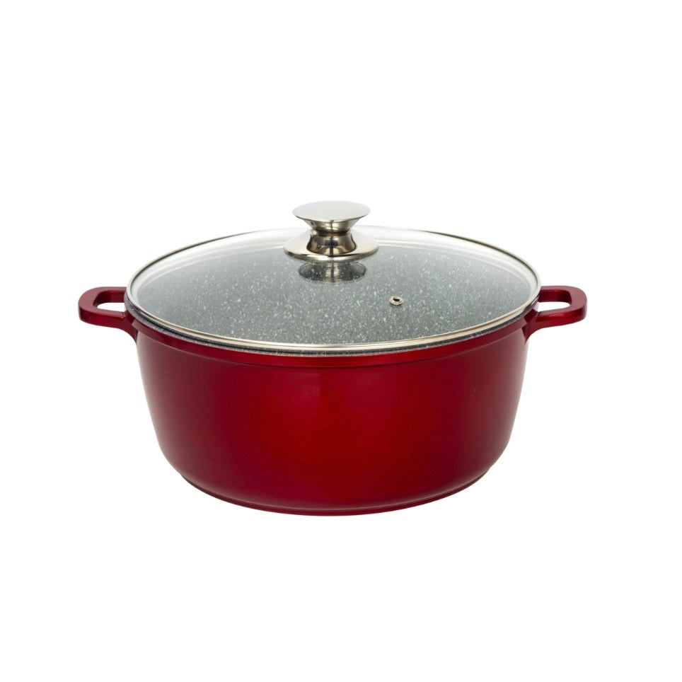 Cratita 6.5 Litri granit cu capac sticlă 28 cm compatibilă cu inducție – Roșu elegant SW16RED