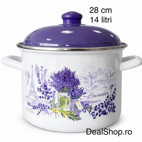 Oala 14 litri 28 cm Emailata cu Capac – Model Lavanda Mov – Oală Mare pentru Sarmale Supă și Gatit în Cantități Mari