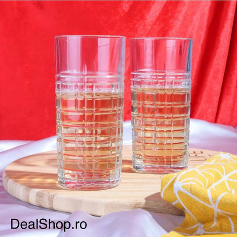 Set 6 pahare sticlă long drink 356 ml design relief geometric, pahare înalte cocktail, suc, apă Brit 440