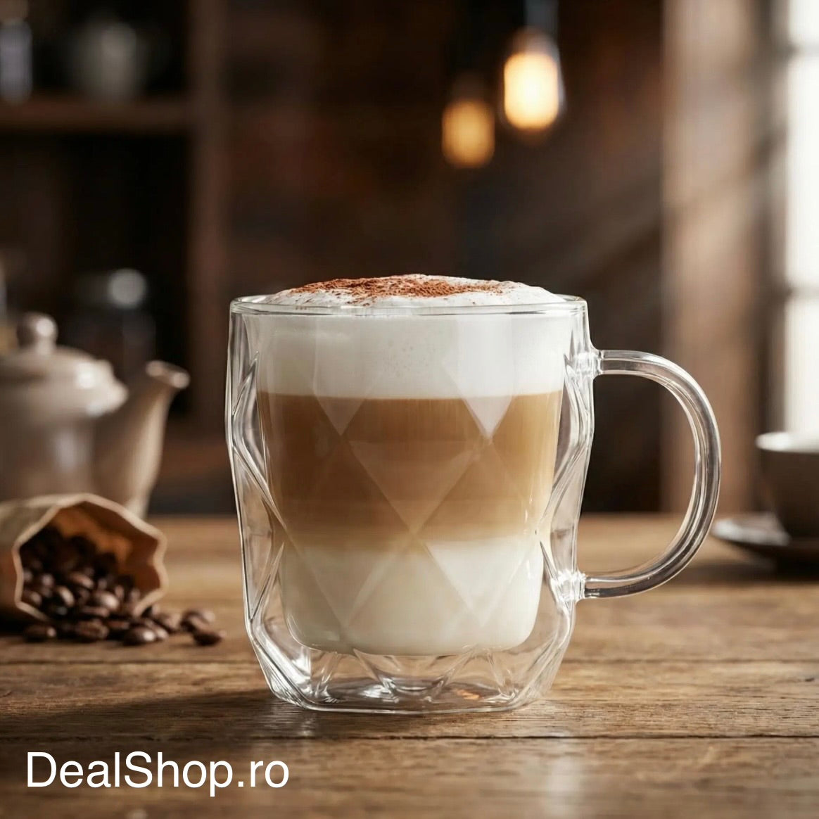 Set 2 căni din sticlă cu pereți dubli termorezistente 330 ml, model hexagonal elegant căni pentru cafea ceai și cappuccino HR410330