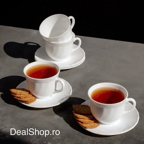 Set 6 Cești Cafea cu Farfurii 190 ml Opal Termorezistent Alb – Set 12 Piese Elegant pentru Cafea & Ceai