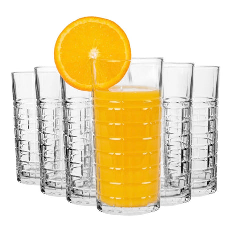 Set 6 pahare sticlă long drink 356 ml design relief geometric, pahare înalte cocktail, suc, apă Brit 440