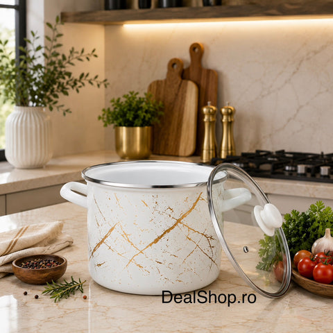 Oală 6.3 litri emailată Ivory cu capac din sticlă, 22 cm, alb cu model auriu, compatibilă cu toate sursele de căldură