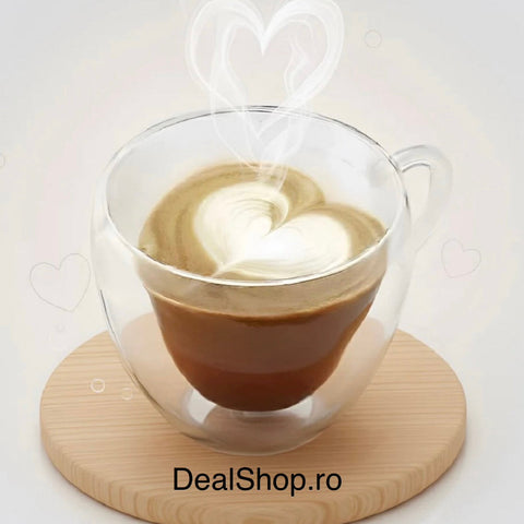 Set 6 cesti cafea Pereti Dubli Sticla Termorezistenta Model Inima, 180 ml Caffe Latte & Latte Macchiato
