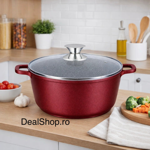 Cratiță 14 litri 36 cm cu capac sticlă interior marmura Inducție Roșie – SWAN