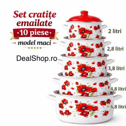 Set 5 oale emailate cu capac Arian, cantitate 2 l, 2,8 l, 3,8 l, 4,8 l, 6,2 l, model Flori de câmp 584