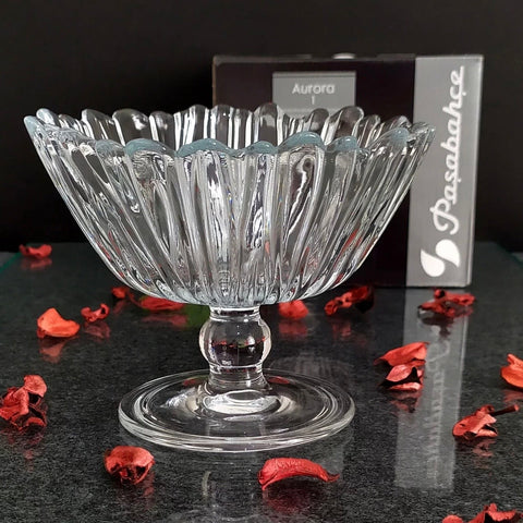 Bombonieră cu picior Pasabahce Aurora 14 cm din sticlă, bol pentru dulciuri, fructe și desert design elegant striat