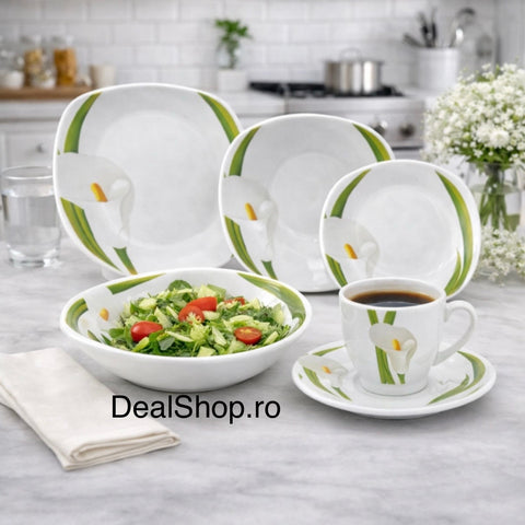 Serviciu de masă din porțelan 31 piese pentru 6 persoane, set farfurii și cești cafea 180 ml model Cală 173-7