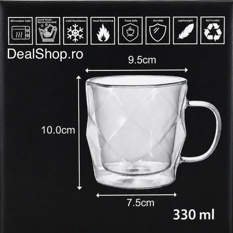 Set 2 căni din sticlă cu pereți dubli termorezistente 330 ml, model hexagonal elegant căni pentru cafea ceai și cappuccino HR410330