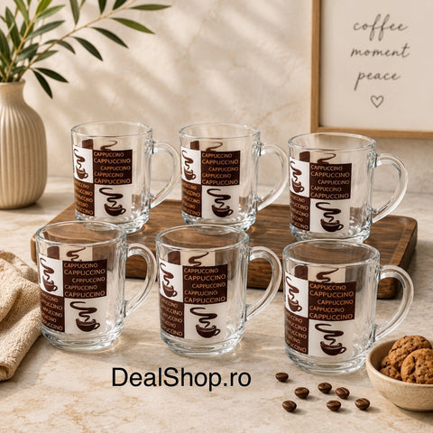 Set 6 cești din sticlă Daily Glass Cappuccino 250 ml – căni cafea cappuccino și latte design elegant
