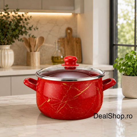 Set 5 cratițe emailate Red Marble cu capace din sticlă, 10 piese, compatibile cu inducție, 2.1L, 2.8L, 3.8L, 4.8L și 6.2L