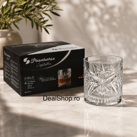 Set 4 pahare whisky din sticlă Pasabahce Cielo 350 ml – Pahare Crystalin pentru whisky bourbon și cocktailuri 68484