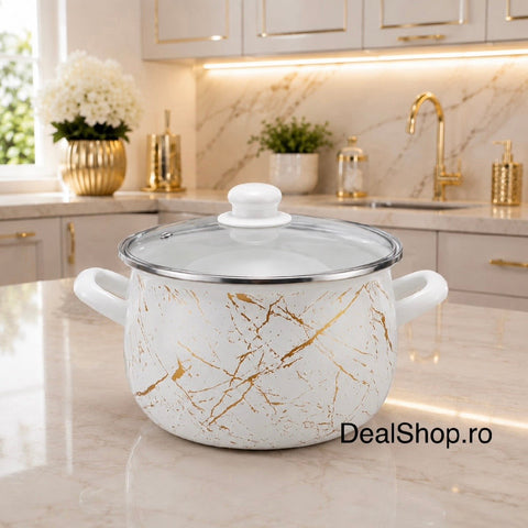 Cratiță emailată Ivory, 3,8 L, 20 cm, cu capac din sticlă