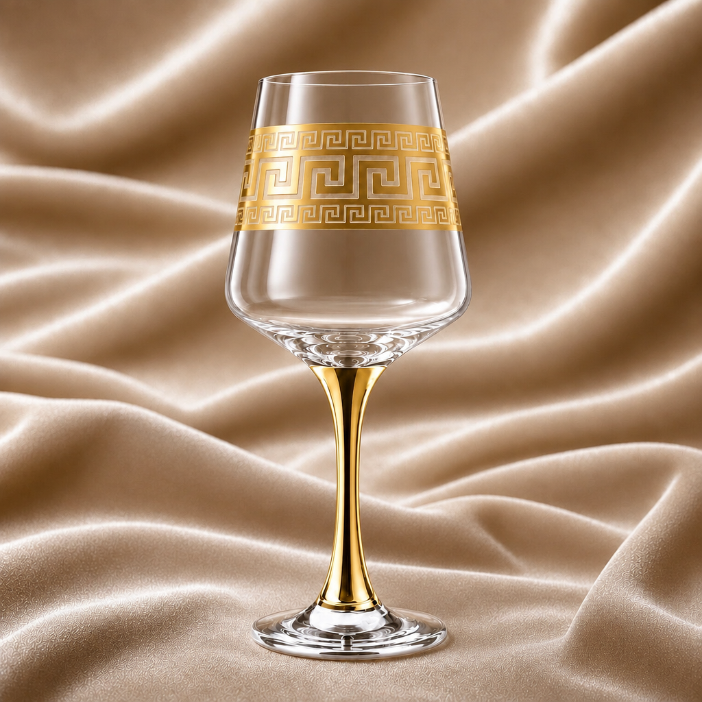 Set 6 pahare din sticlă cu picior Royalty Home 390 ml, design elegant cu detalii aurii