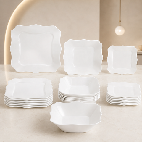 Serviciu de masa opal termorezistent 19 Piese Lacy-White – Farfurii Pătrate Albe pentru 6 persoane