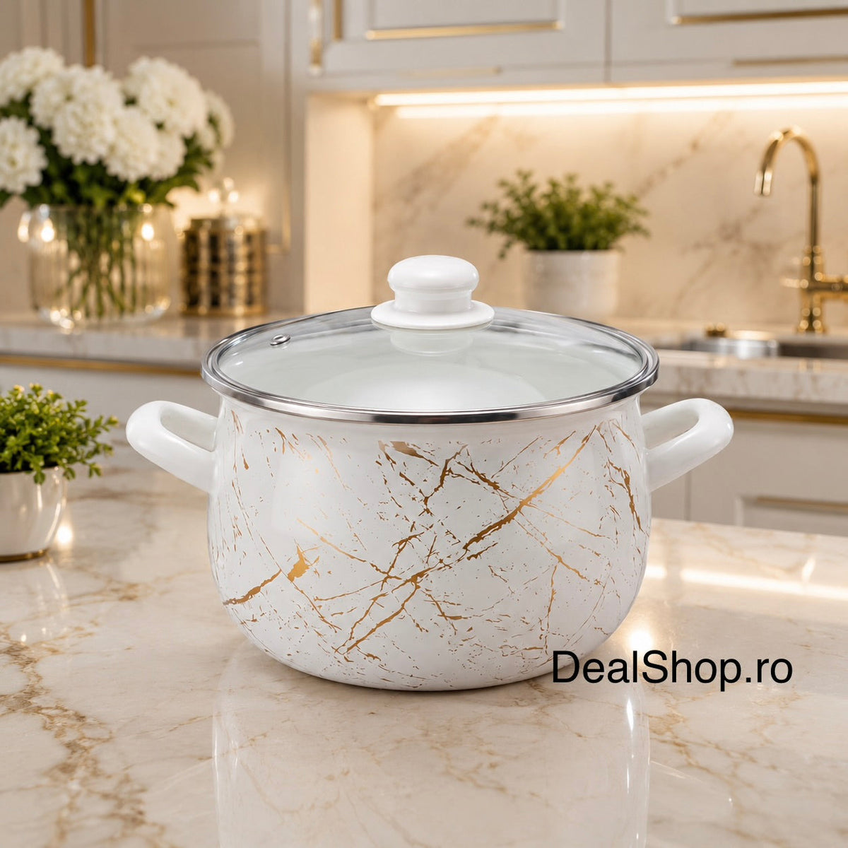 Cratita emailata Ivory Marble cu capac din sticlă, 7,8 L, 26 cm, inducție