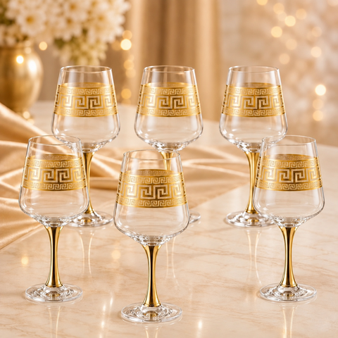 Set 6 pahare din sticlă cu picior Royalty Home 390 ml, design elegant cu detalii aurii
