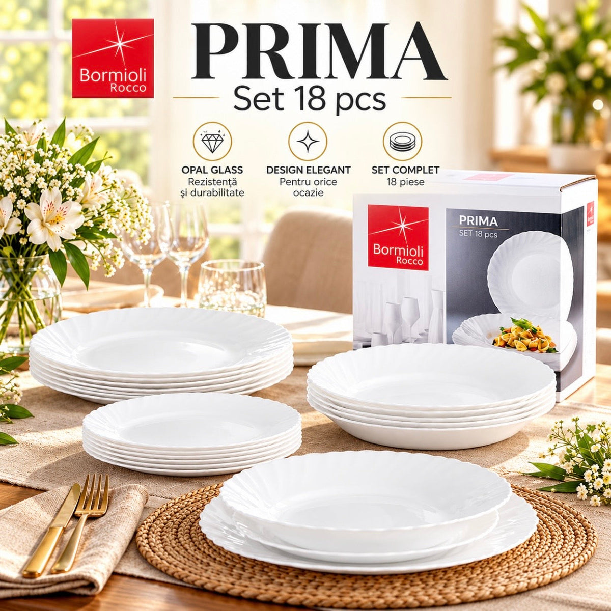 Serviciu de masa Bormioli Prima, 18 piese, pentru 6 persoane ,Opal alb