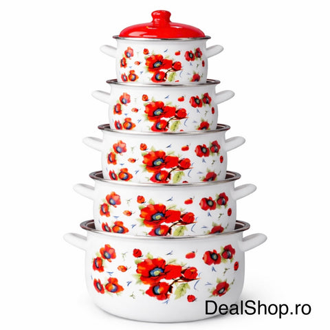 Set 5 oale emailate cu capac Arian, cantitate 2 l, 2,8 l, 3,8 l, 4,8 l, 6,2 l, model Flori de câmp 584
