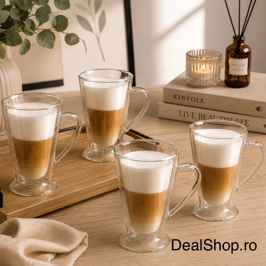 Set 4 cani din sticla cu pereți dubli 400 ml, termorezistentă pentru cafea latte cappuccino și ceai 310400