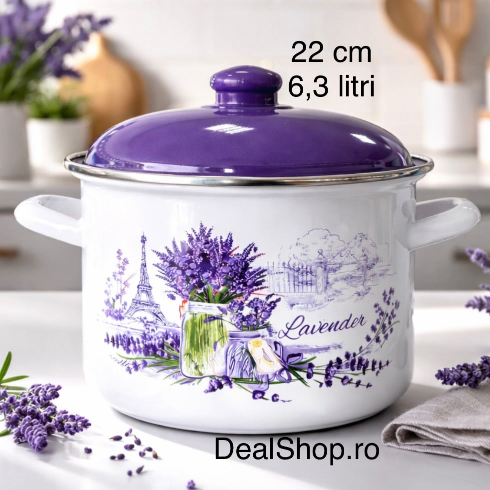 Oala 6.3 Litri emailata 22 cm cu capac – Model Lavanda Mov – Oală pt Supa Ciorbă