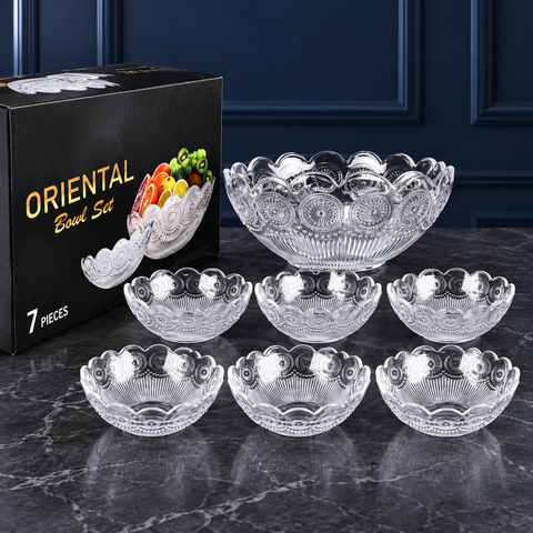 Set 7 boluri Oriental din sticlă – 1 bol de 22 cm și 6 boluri de 12 cm
