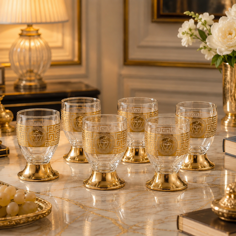 Set 6 pahare din sticlă 195 ml Royalty Home cu decor auriu – pahare elegante pentru apă, whisky, suc sau băuturi fine