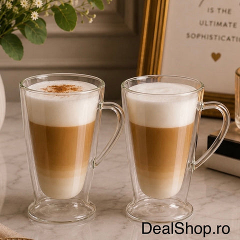 Set 2 cani din sticlă cu pereți dubli 400 ml, termorezistentă pentru cafea latte cappuccino și ceai 310400