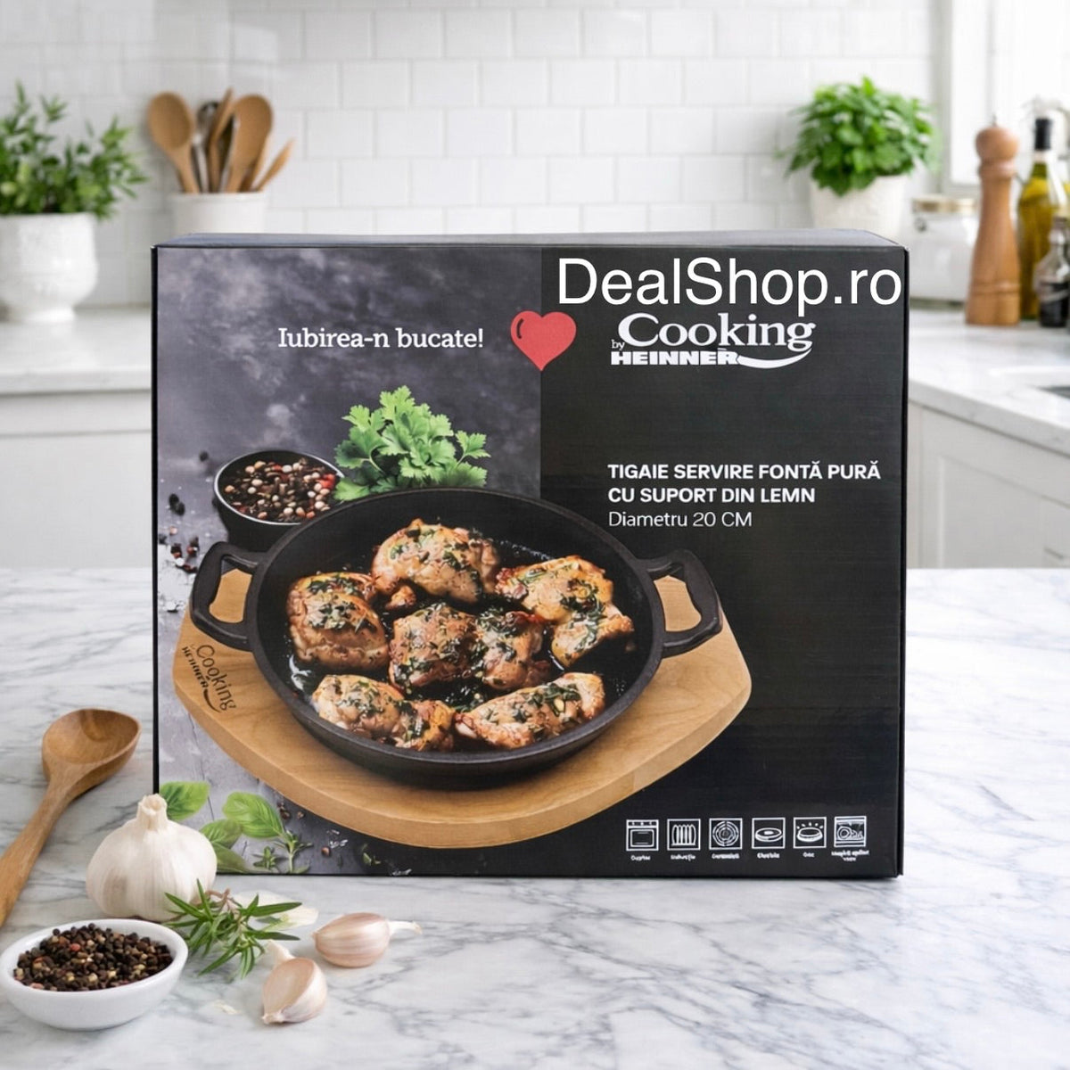 Tigaie de servire din fontă pură cu suport de lemn 20 cm – COOKING BY HEINNER