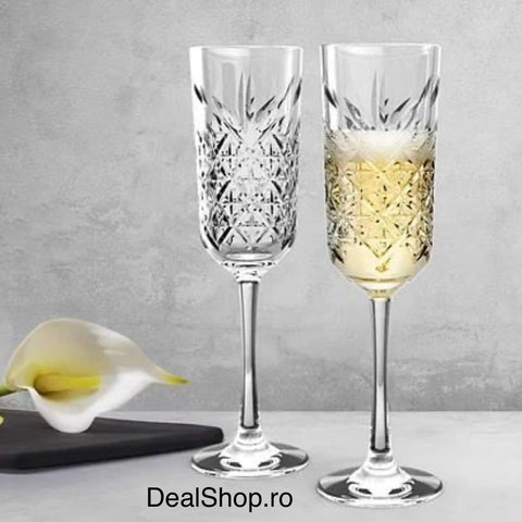 Set 4 pahare șampanie Pasabahce Timeless 175 ml, sticlă transparentă, elegante, model vintage