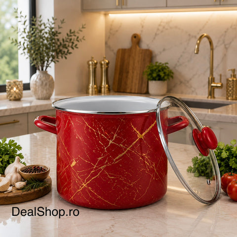 Oală emailată 6,2 litri cu capac din sticlă model Red Marble 22 cm, roșie pt toate tipurile de plite