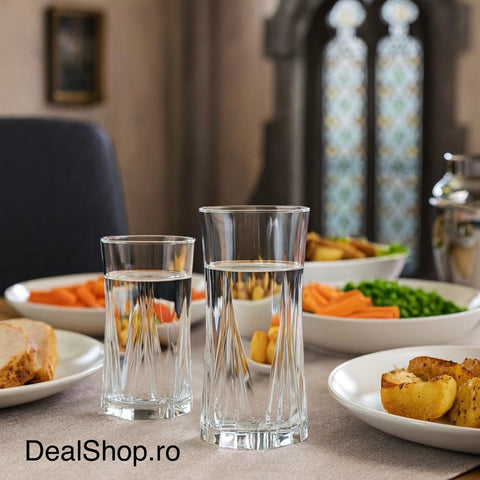 Set 6 pahare înalte sticlă 370 ml Zoe377 pahare apă suc, design elegant cu model geometric sticlă rezistentă