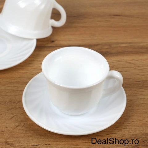 Set 6 Cești Cafea cu Farfurii 190 ml Opal Termorezistent Alb – Set 12 Piese Elegant pentru Cafea & Ceai
