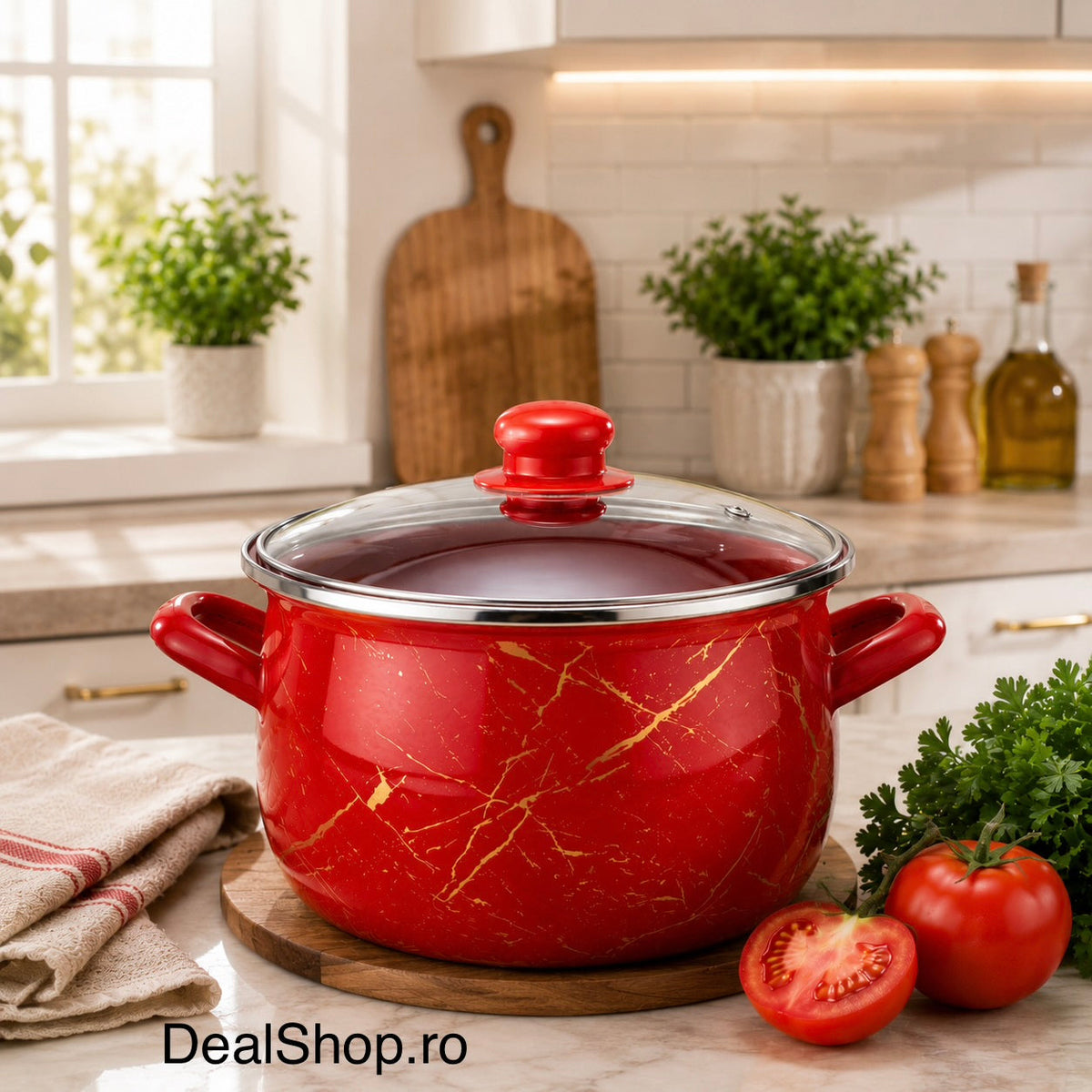 Cratiță 4.8 litri emailată Red Marble cu capac din sticlă, 22 cm inducție