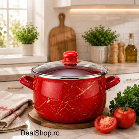 Cratiță 4.8 litri emailată Red Marble cu capac din sticlă, 22 cm inducție