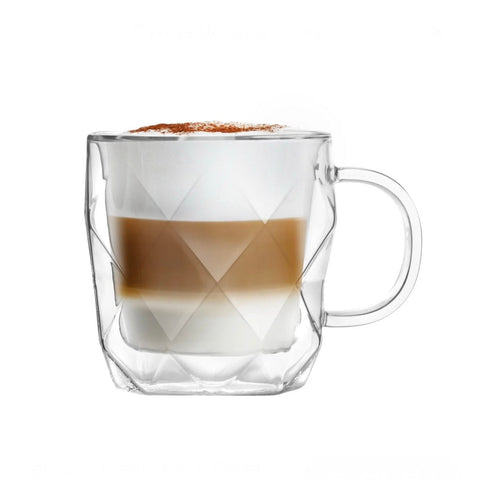 Set 2 căni din sticlă cu pereți dubli termorezistente 330 ml, model hexagonal elegant căni pentru cafea ceai și cappuccino HR410330