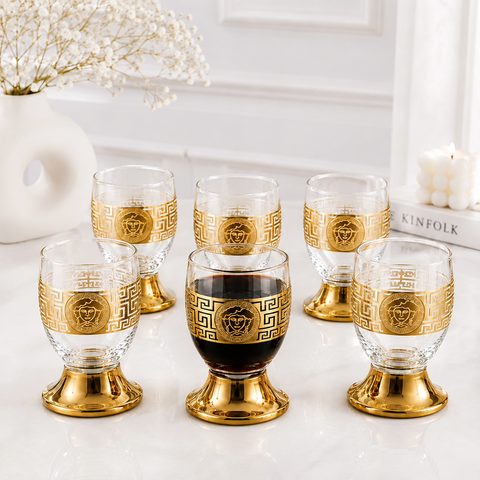 Set 6 pahare din sticlă 195 ml Royalty Home cu decor auriu – pahare elegante pentru apă, whisky, suc sau băuturi fine