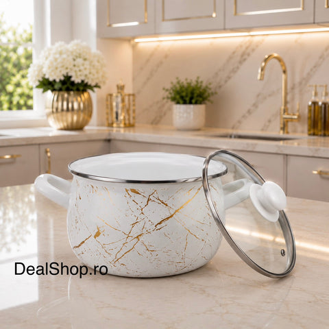 Cratita emailata Ivory Marble cu capac din sticlă, 7,8 L, 26 cm, inducție