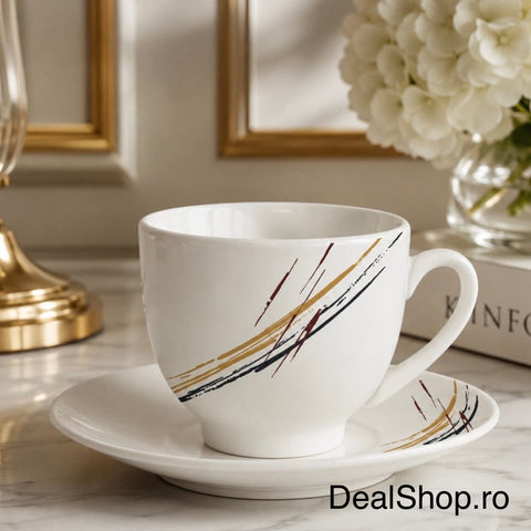 Set 6 Cești din Porțelan 180 ml cu Farfurioare – Abstract Elegance Design Modern Elegant pentru Cafea și Cappuccino