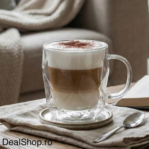 Set 2 căni din sticlă cu pereți dubli termorezistente 330 ml, model hexagonal elegant căni pentru cafea ceai și cappuccino HR410330