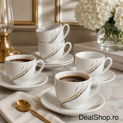 Set 6 Cești din Porțelan 180 ml cu Farfurioare – Abstract Elegance Design Modern Elegant pentru Cafea și Cappuccino