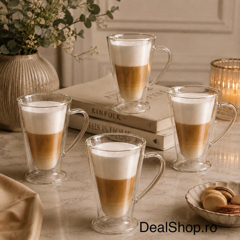 Set 4 cani din sticla cu pereți dubli 400 ml, termorezistentă pentru cafea latte cappuccino și ceai 310400
