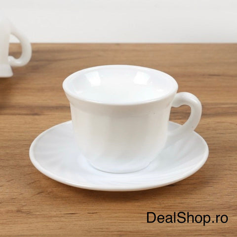 Set 6 Cești Cafea cu Farfurii 190 ml Opal Termorezistent Alb – Set 12 Piese Elegant pentru Cafea & Ceai