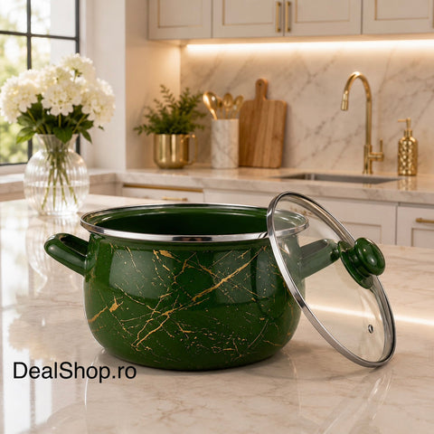 Set 5 cratițe emailate Green Marble cu capace din sticlă 10 piese, compatibile cu inducție 2.1L, 2.8L, 3.8L, 4.8L și 6.2L