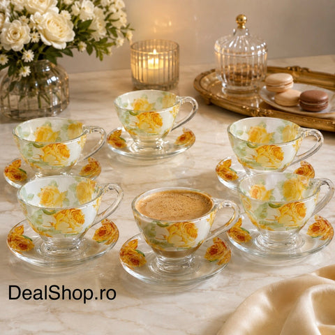 Set 6 cești cu 6 farfurioare din sticlă Galaxy Floral, 200 ml – set elegant pentru cafea și ceai