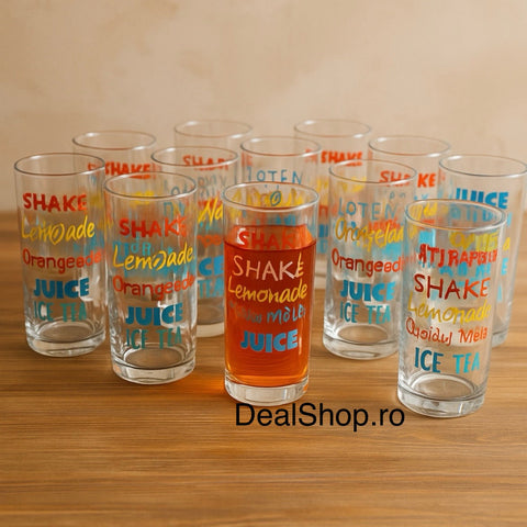 Set 12 pahare din sticla 270 ml  design colorat pentru băuturi răcoritoare