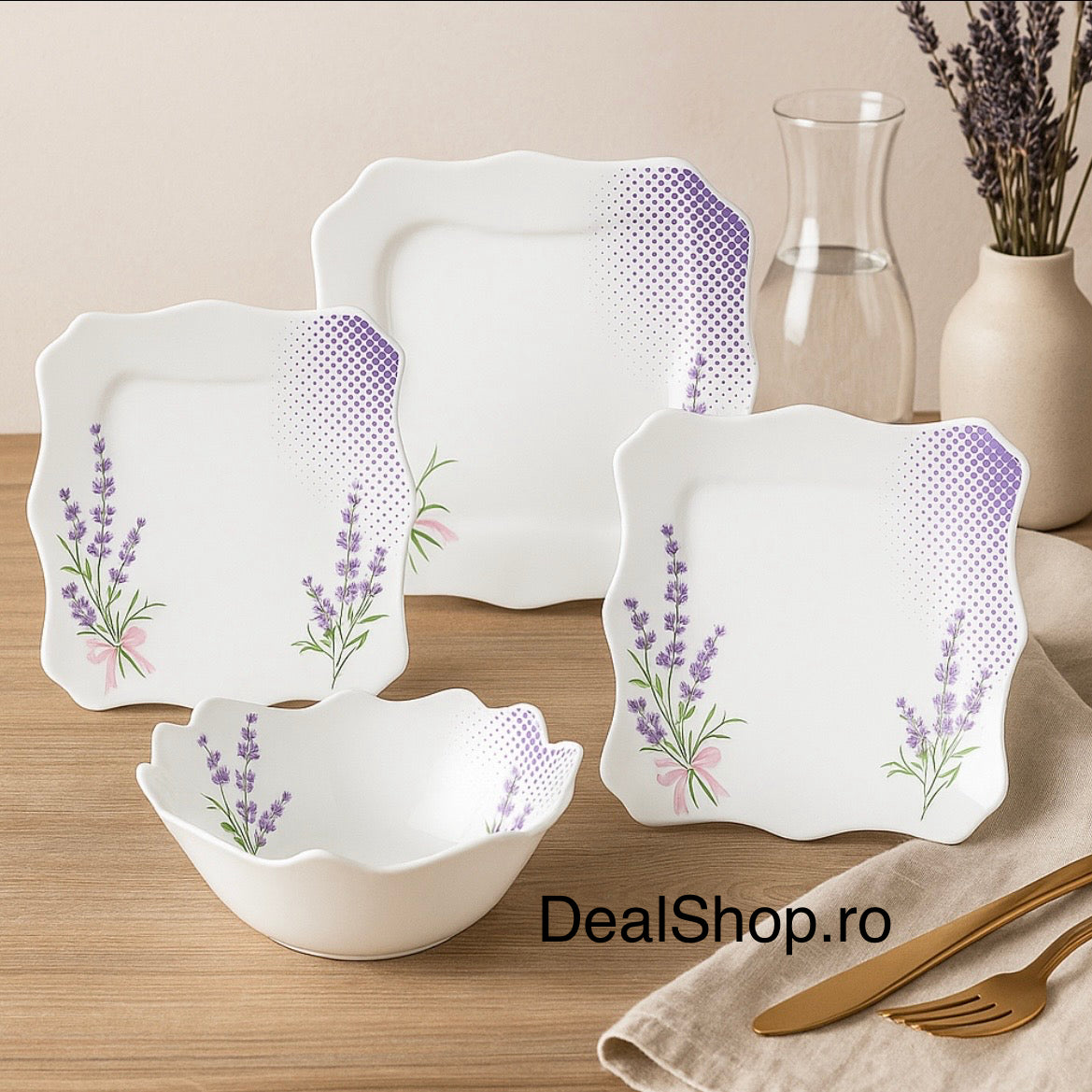 Serviciu de masă opal termorezistent Lacy Lavender 19 Piese Farfurii Patrate pt 6 Persoane