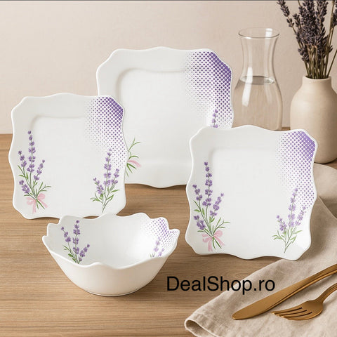 Serviciu de masă opal termorezistent Lacy Lavender 19 Piese Farfurii Patrate pt 6 Persoane